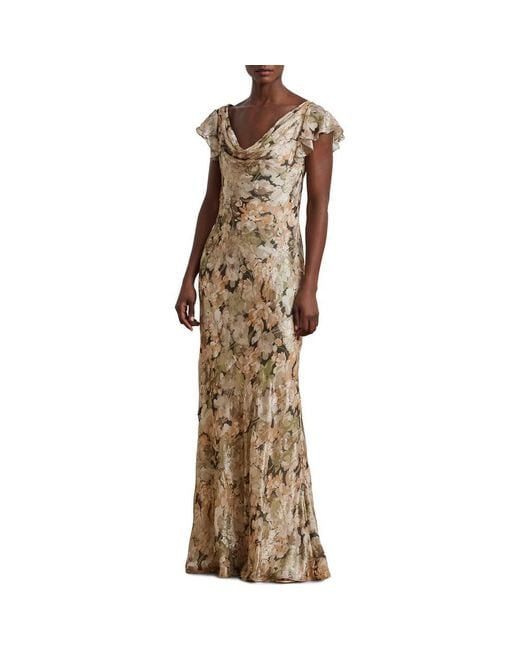Ralph Lauren Women's Metallic Floral Jacquard Cowl Neck Gown