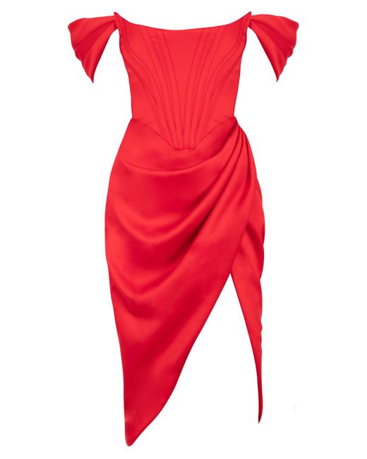House Of Cb Red Loretta Off The Shoulder Satin Corset Dress