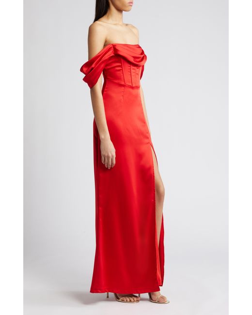 Lulus Red Exquisite Stunner Off The Shoulder Satin Gown