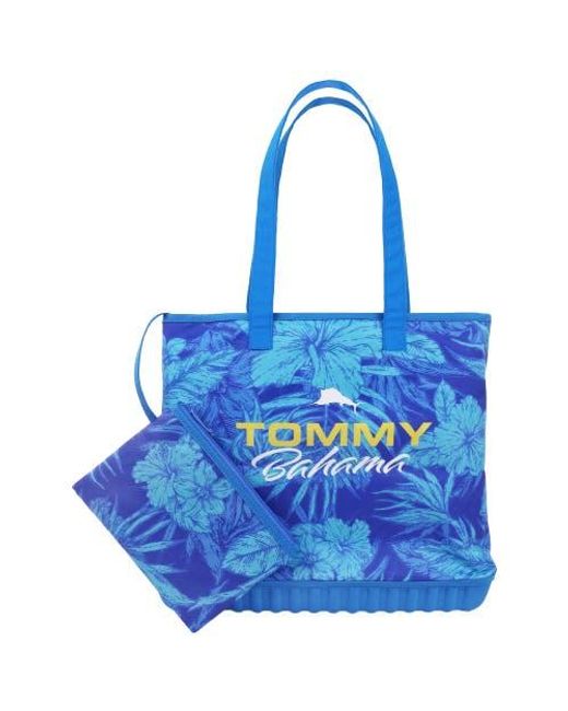 Tommy Bahama Blue Water-Repellent Tote With Pouch Tropical Floral Print