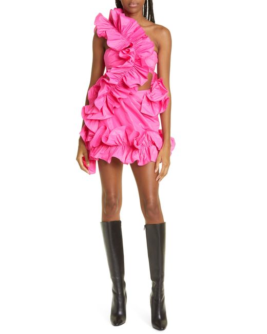 AKNVAS Pink Ruby One-shoulder Ruffle Dress