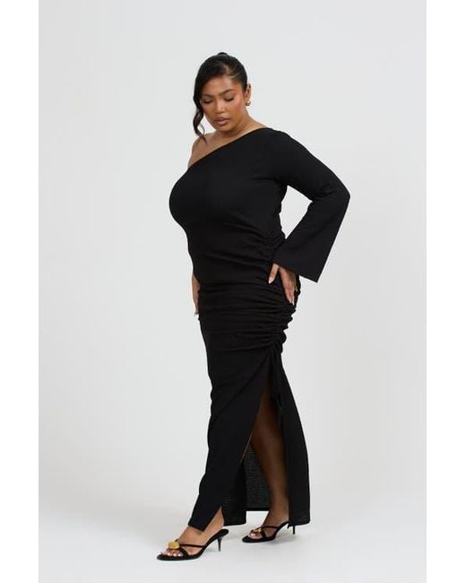 FASHION-SZN CURVE Women's Black One Shoulder Flare Sleeve Maxi Dress