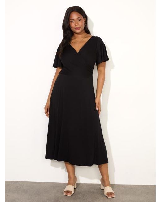 Live Unlimited Women's Black Ditsy Jersey Flutter Sleeve Wrap Dress