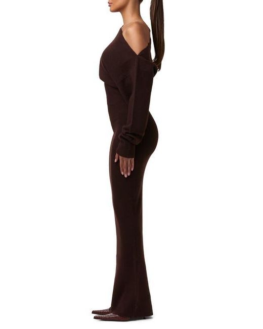 Naked Wardrobe Brown One-Shoulder Long Sleeve Maxi Sweater Dress