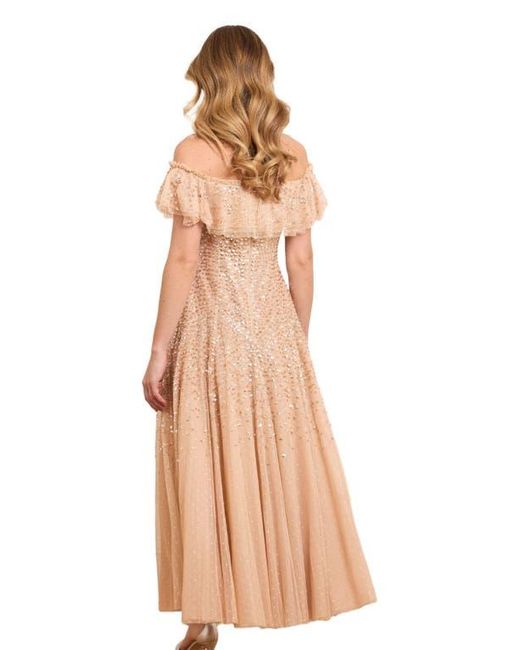Needle & Thread Brown Dappled Sequin Off-Shoulder Ankle Gown