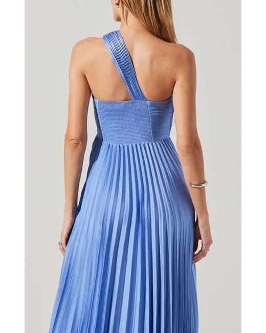 Astr Blue Rasya Pleated One-Shoulder Maxi Dress