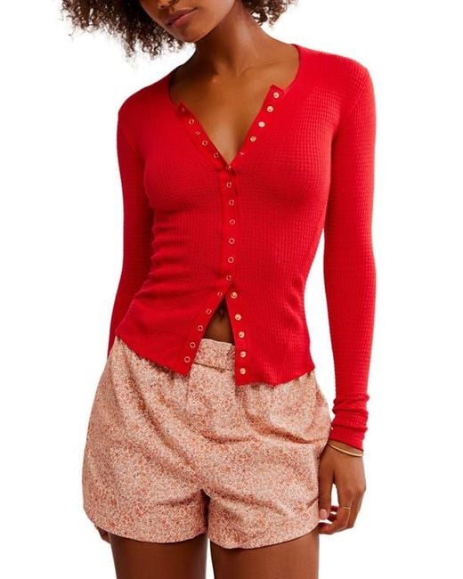 Free People Red Going Places Pointelle Stitch Snap Front Top