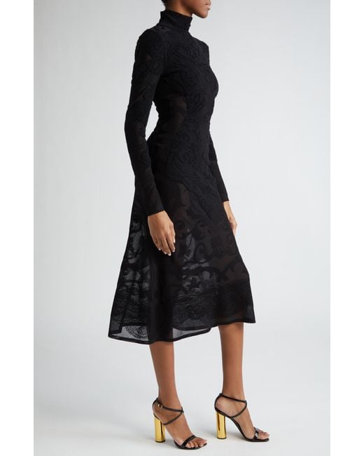 Balmain Black Baroque Long Sleeve Jacquard Knit Midi Dress