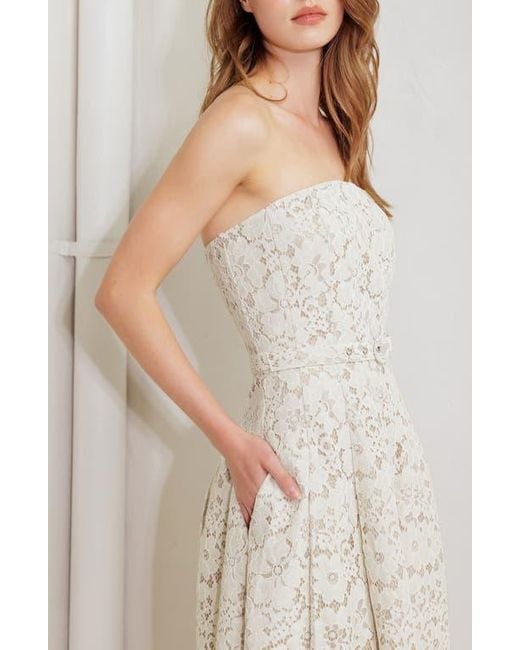 FREEMARKET White Strapless Belted Cotton Blend Lace Cocktail Dress