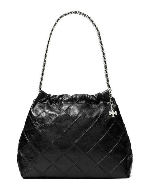 Tory Burch Black Fleming Distressed Quilted Leather Hobo Bag