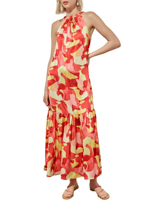 Ming Wang Red Floral Sleeveless Ruffle Hem Maxi Dress
