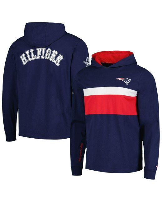 Men's Tommy Hilfiger Navy/White New England Patriots Alex Long Sleeve Hoodie T-Shirt