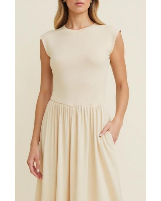 Modenaire Natural Cap Sleeve Knit Bodice Dress With Flowy Midi Skirt And Side Pockets