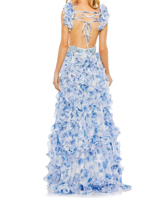 Mac Duggal Blue Floral Ruffle Beaded A-line Gown