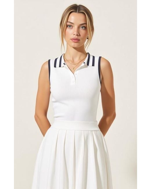 Modenaire White Sleeveless Knit Midi Dress With Contrast Collar And Hem Detail