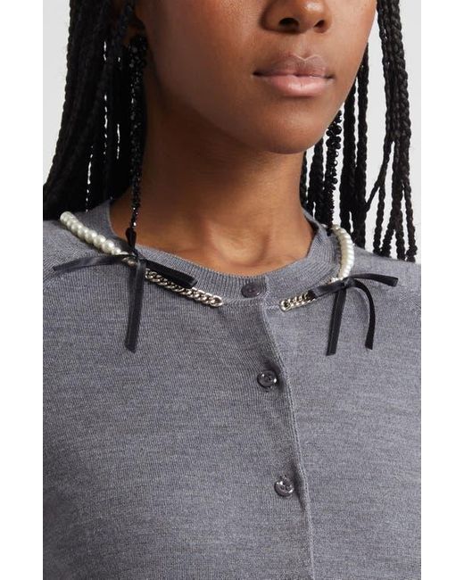 Simone Rocha Gray Classic Long Sleeve Merino Wool & Silk Cardigan With Faux Pearl Detail