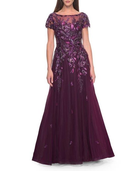 La Femme Purple A-Line Gown With Unique Sequin Floral Applique