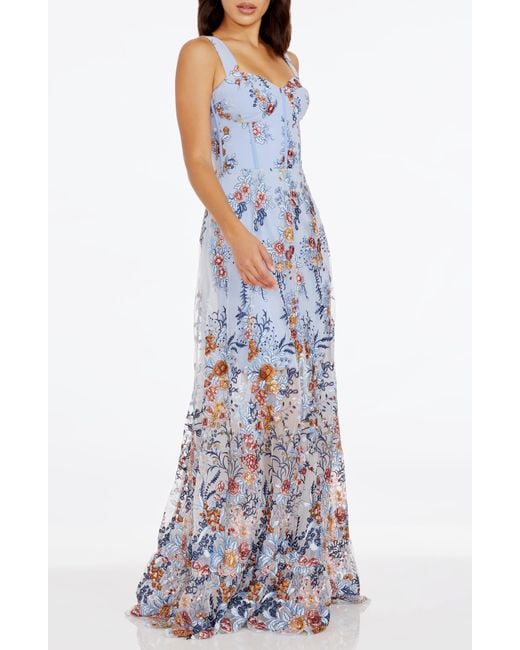 Dress the Population Blue Anabel Floral Embroidered Chiffon Gown