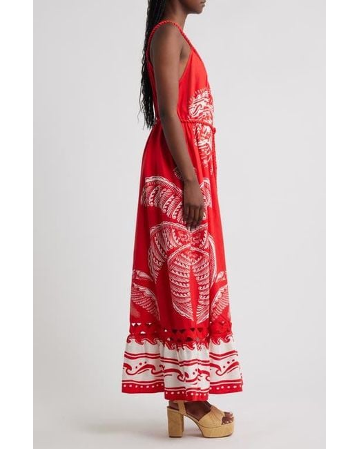 Farm Rio Red Majestic Coconut Tree Linen Blend Midi Dress
