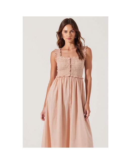 Modenaire Pink Smocked Midi Dress With Ruffle Straps And Button-Front Detail