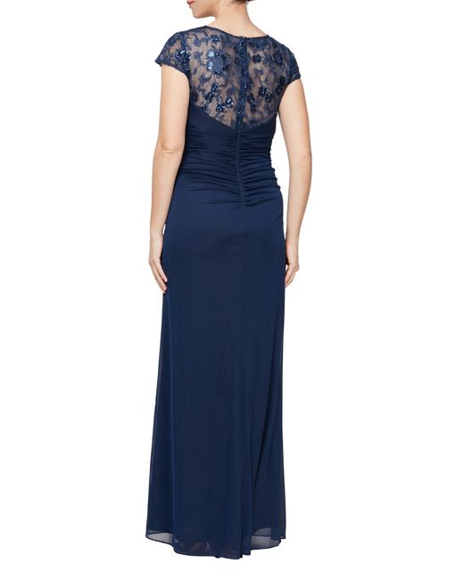 Alex Evenings Blue Sequin Floral Mixed Media A-line Gown