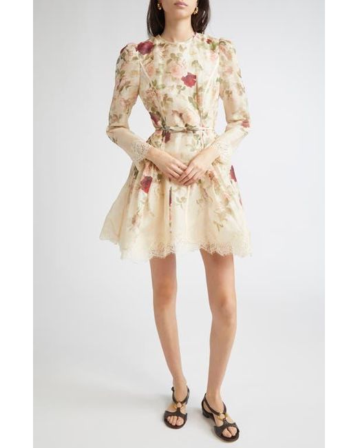 Zimmermann Natural Hypnotic Lace Trim Long Sleeve Belted Linen & Silk Minidress