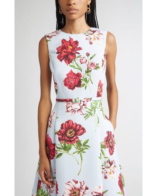Oscar de la Renta White Peony Print Sleeveless Faille Fit & Flare Dress