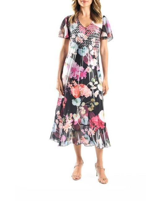 Komarov White Flutter Sleeve Charmeuse & Chiffon Midi Dress