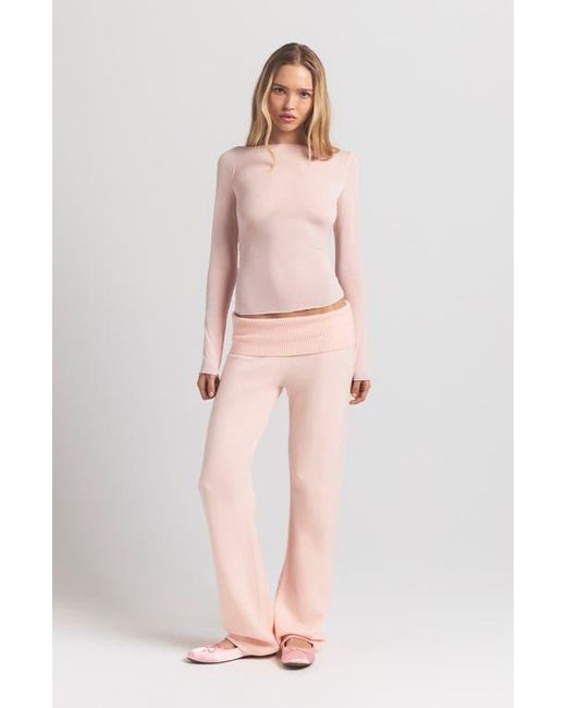 Skims Pink Sheer Modal Blend Long Sleeve Boat Neck Top