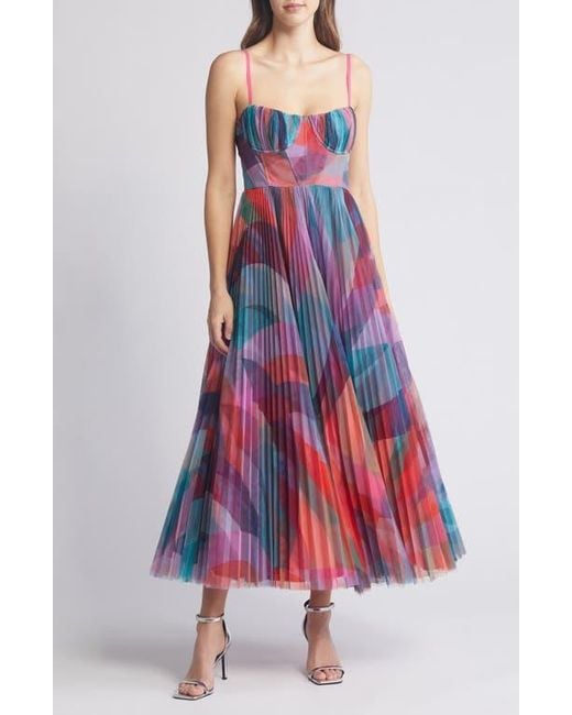 Hutch Amara Floral Bustier Pleated Fit & Flare Dress in Red | Lyst