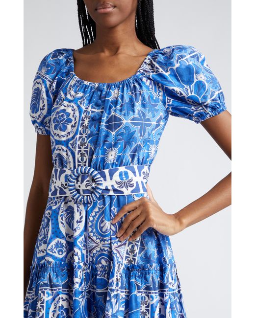 Farm Rio Blue Tile Dream Puff Sleeve Belted Cotton Maxi Dress