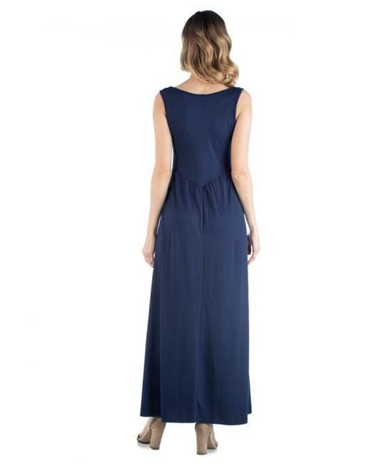 24seven Comfort Apparel Blue Maternity Maxi Sleeveless Dress With Pockets