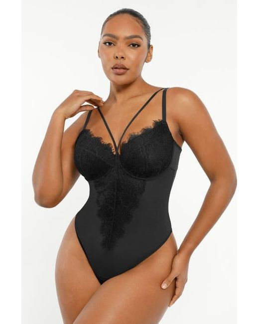 Shapellx Black Sheer Lace Mesh Bodysuit With Shaping