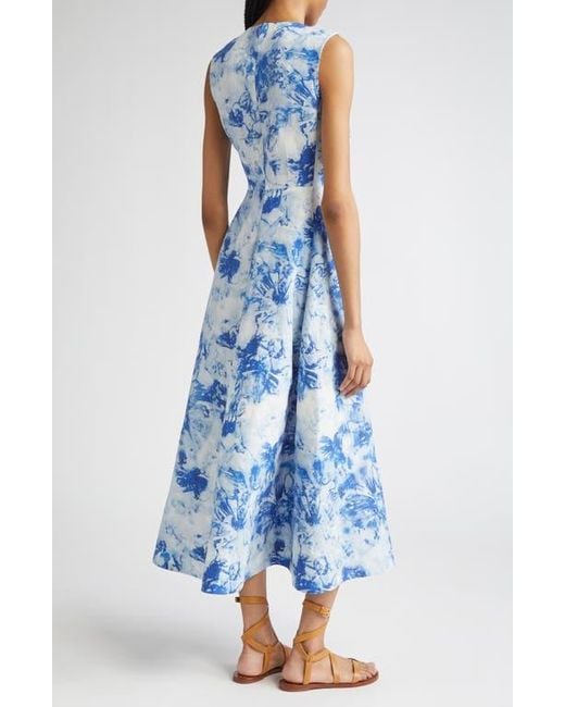 Lafayette 148 New York Blue Floral Sleeveless Silk & Linen Fit & Flare Dress