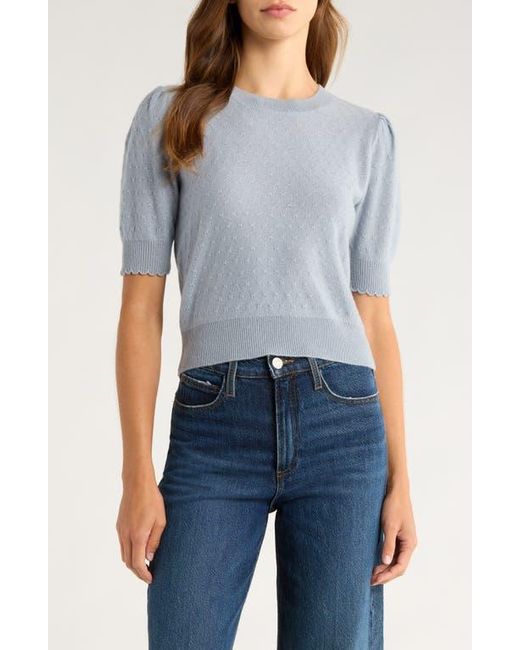 FRAME Blue Puff Sleeve Pointelle Cashmere Sweater