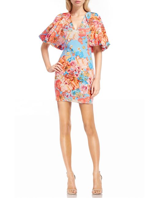 Badgley Mischka Red Floral Pleated Puff Sleeve Cocktail Minidress