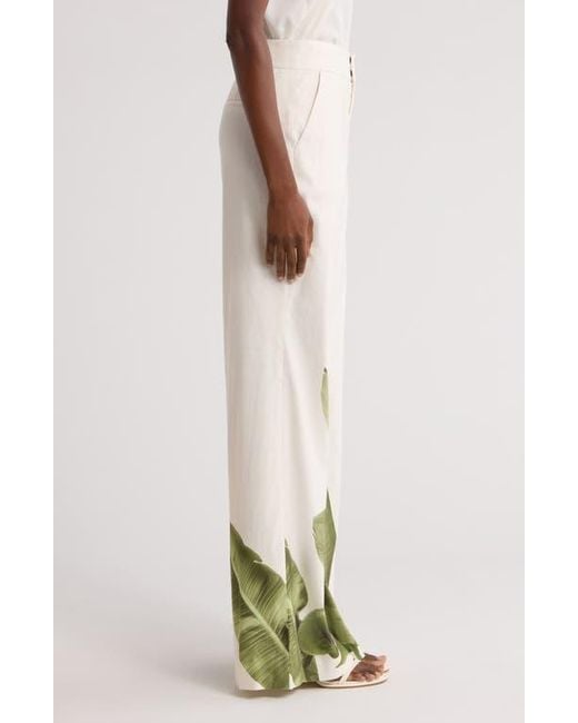 Alice + Olivia Green Dylan Placed Palm Leaf Print Wide Leg Linen Blend Pants