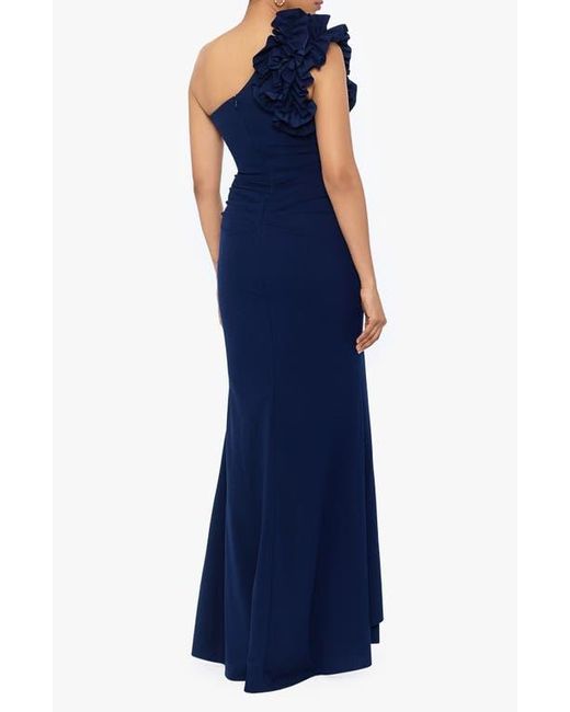 Xscape Evenings Blue Ruffle One-Shoulder Scuba Crepe Gown