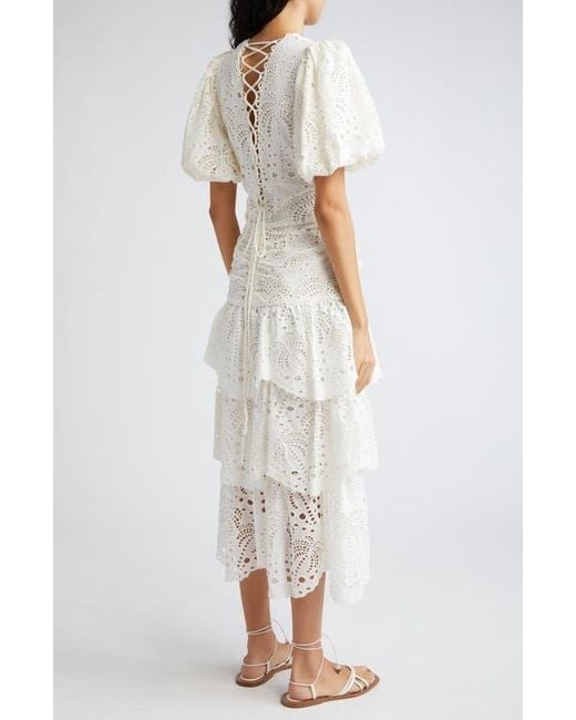 FARM Rio Eyelet Puff Sleeve Tiered Cotton Midi Dress in White | Lyst