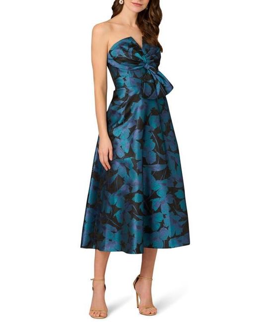 Aidan Mattox by Adrianna Papell Blue Floral Jacquard Strapless Midi Cocktail Dress