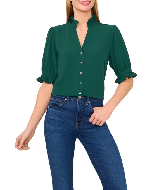 Cece Green V-Neck Button-Up Shirt