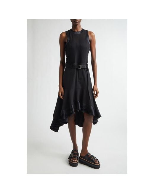 Sacai Suiting X Satin Dress in Black | Lyst