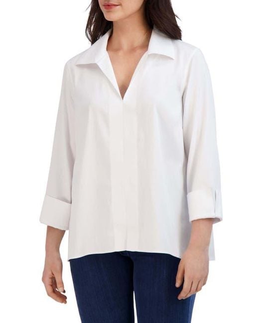 Foxcroft White Agnes Split Cuff Popover Blouse