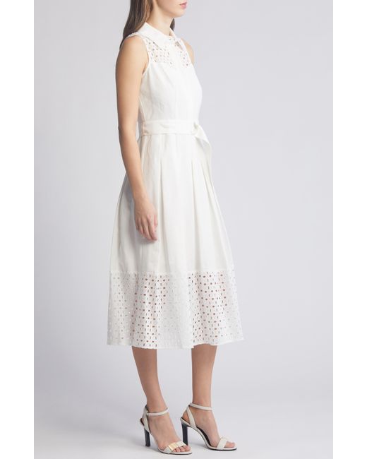 Anne Klein White Eyelet Embroidery Linen Blend Midi Dress