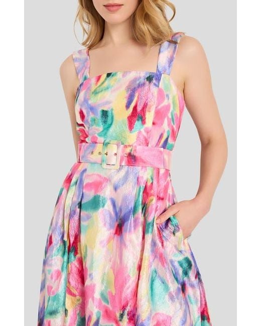 Tahari Print Crinkle Belted Fit & Flare Dress in Red | Lyst