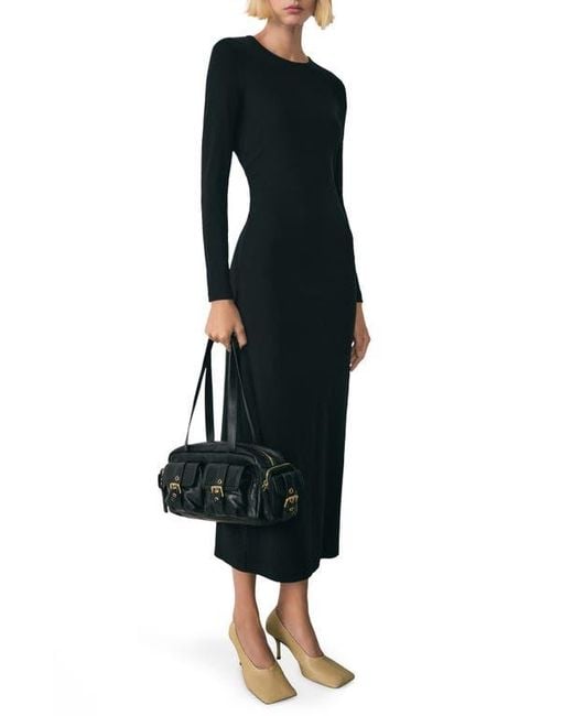 Mango Black Basila Long Sleeve Stretch Cotton Midi Dress