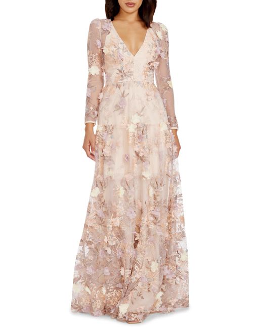 Dress the Population Natural Angelina Floral Embroidery Long Sleeve Gown