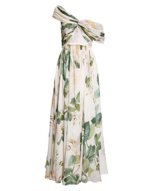 Giambattista Valli White Floral Draped One-shoulder Silk Gown