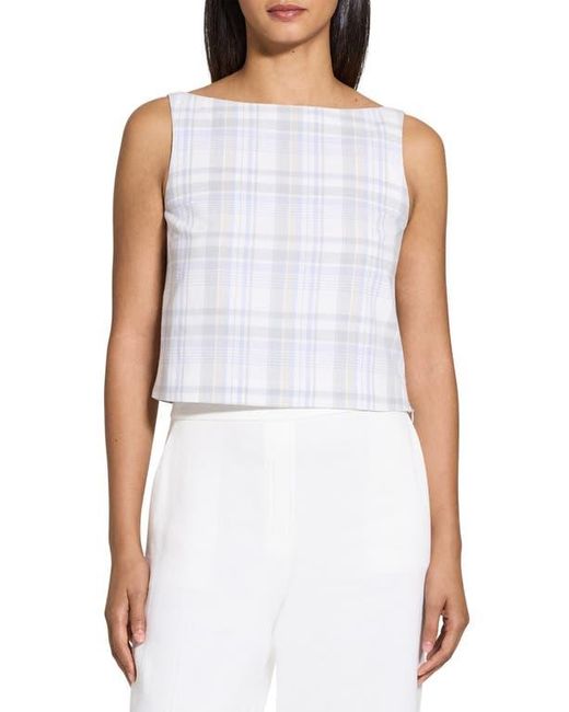 Theory White Plaid Sleeveless Cotton & Linen Crop Top