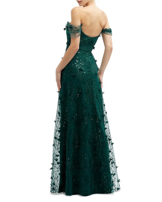 Dessy Collection Green 3d Embroidered Off The Shoulder Gown